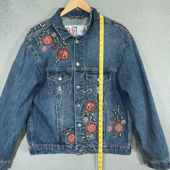 Zara Blue Denim Jacket with Red Floral Embroidery L - Picture 5 of 5